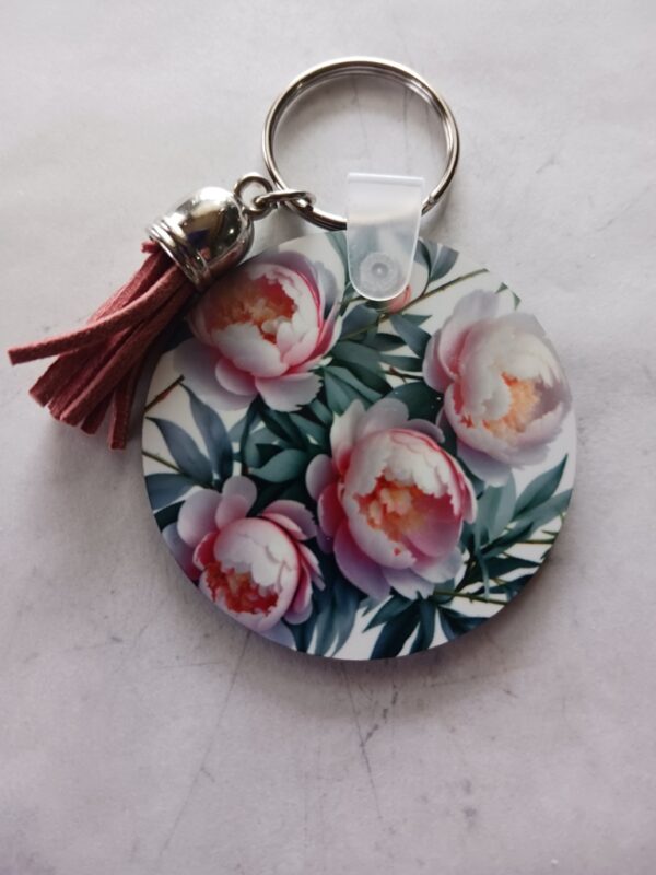 White with Red Flowers Sublimated Keychain