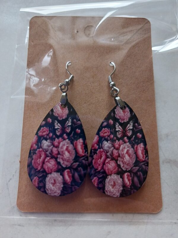 Pink flowers and butterfly Sublimated pierced earrings