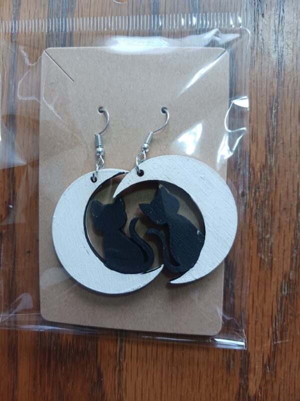 Cat in Moon Wood Earrings