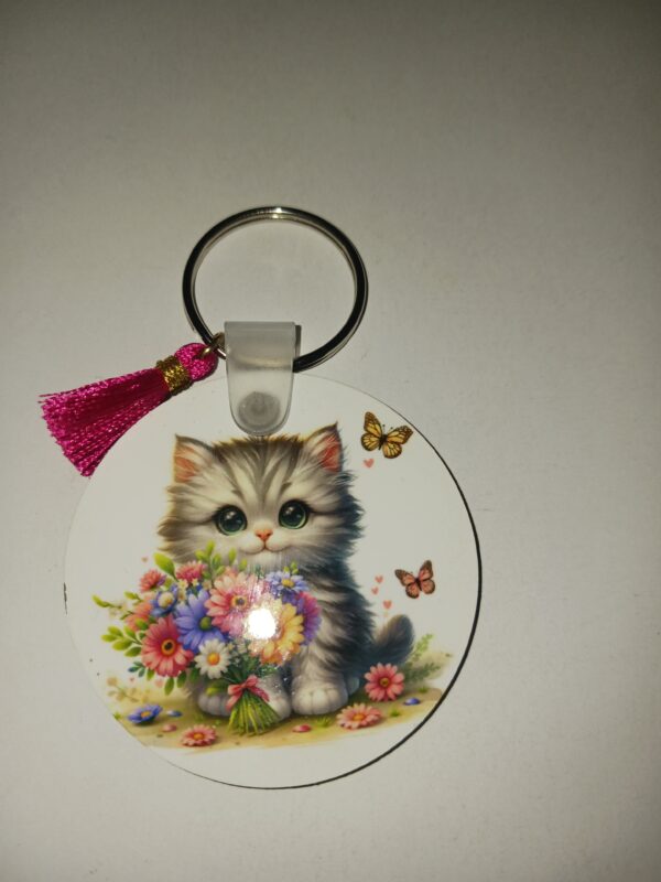 Kitten With Flowers Round Keychain