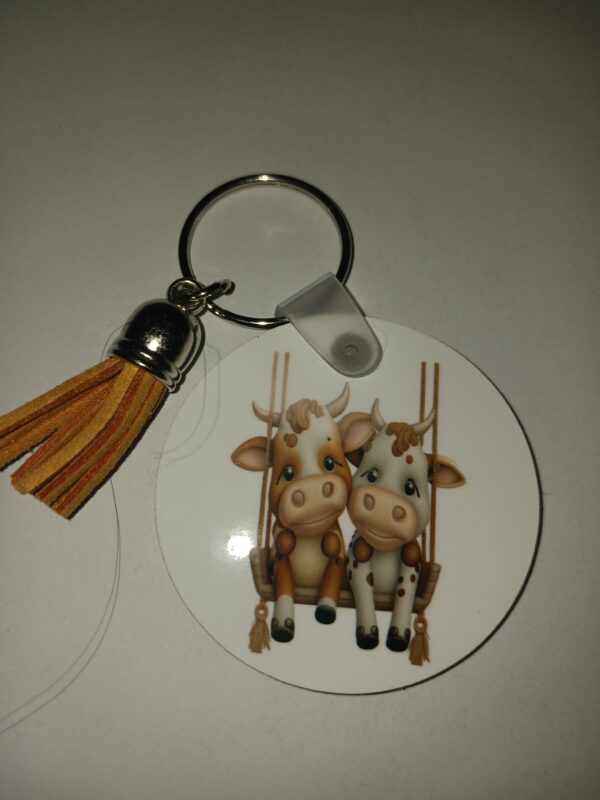 Cows With Tan Tassel Round Keychain