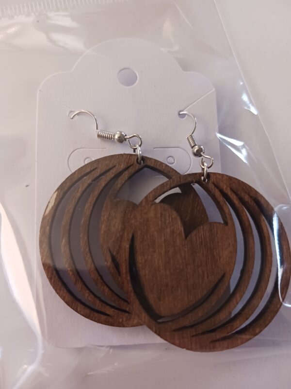 Wood Stained Round Heart Earrings