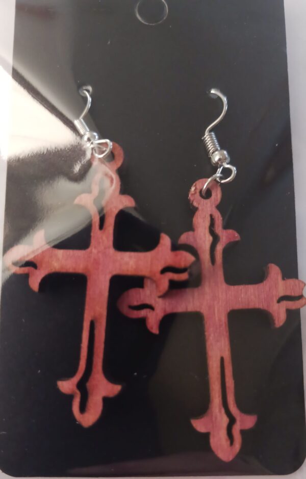 Wood Stained Cross Earrings Design 3