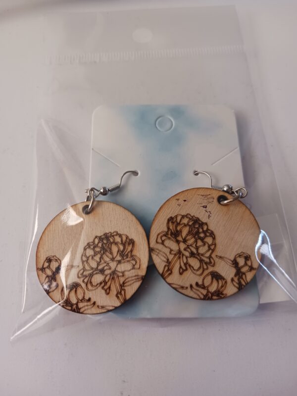 Wood Engraved Cut Peony Earrings