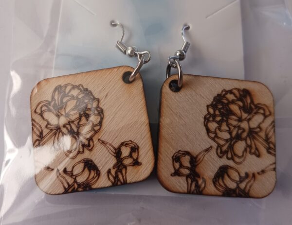 Wood Engraved Square Peony Earrings