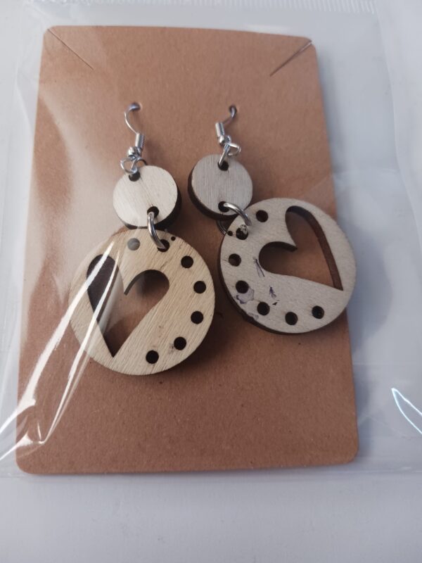 Wood Double Circle Heart Earrings